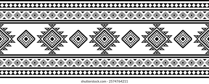 Southwest Aztec geometric Native American Mexican Navajo tribal ethnic boho indian texture ornament seamless pattern fabric black and white design vector for woven textile printing blanket rug carpet 