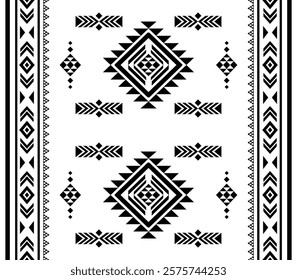 Southwest Aztec geometric Native American Mexican Navajo tribal ethnic boho indian texture ornament seamless pattern fabric black and white design vector for woven textile printing blanket rug carpet 