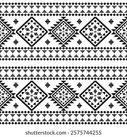 Southwest Aztec geometric Native American Mexican Navajo tribal ethnic boho indian texture ornament seamless pattern fabric black and white design vector for woven textile printing blanket rug carpet 