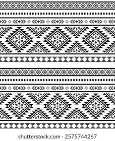 Southwest Aztec geometric Native American Mexican Navajo tribal ethnic boho indian texture ornament seamless pattern fabric black and white design vector for woven textile printing blanket rug carpet 