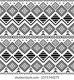 Southwest Aztec geometric Native American Mexican Navajo tribal ethnic boho indian texture ornament seamless pattern fabric black and white design vector for woven textile printing blanket rug carpet 