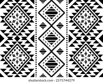 Southwest Aztec geometric Native American Mexican Navajo tribal ethnic boho indian texture ornament seamless pattern fabric black and white design vector for woven textile printing blanket rug carpet 