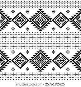 Southwest Aztec geometric Native American Mexican Navajo tribal ethnic boho indian texture ornament seamless pattern fabric black and white design vector for woven textile printing blanket rug carpet 