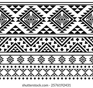 Southwest Aztec geometric Native American Mexican Navajo tribal ethnic boho indian texture ornament seamless pattern fabric black and white design vector for woven textile printing blanket rug carpet 