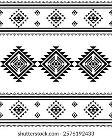 Southwest Aztec geometric Native American Mexican Navajo tribal ethnic boho indian texture ornament seamless pattern fabric black and white design vector for woven textile printing blanket rug carpet 