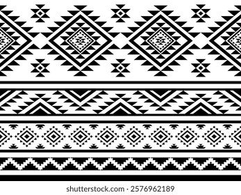 Southwest Aztec geometric Native American Mexican Navajo tribal ethnic boho indian texture ornament seamless pattern fabric black and white design vector for woven textile printing blanket rug carpet 