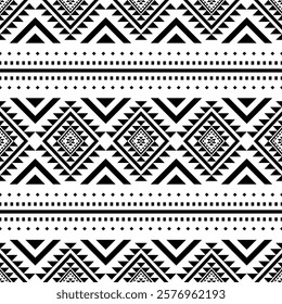 Southwest Aztec geometric Native American Mexican Navajo tribal ethnic boho indian texture ornament seamless pattern fabric black and white design vector for woven textile printing blanket rug carpet 