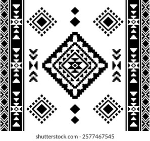 Southwest Aztec geometric Native American Mexican Navajo tribal ethnic boho indian texture ornament seamless pattern fabric black and white design vector for woven textile printing blanket rug carpet 