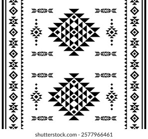 Southwest Aztec geometric Native American Mexican Navajo tribal ethnic boho indian texture ornament seamless pattern fabric black and white design vector for woven textile printing blanket rug carpet 