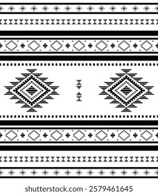 Southwest Aztec geometric Native American Mexican Navajo tribal ethnic boho indian texture ornament seamless pattern fabric black and white design vector for woven textile printing blanket rug carpet 