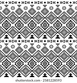 Southwest Aztec geometric Native American Mexican Navajo tribal ethnic boho indian texture ornament seamless pattern fabric black and white design vector for woven textile printing blanket rug carpet 