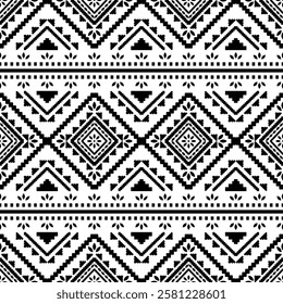 Southwest Aztec geometric Native American Mexican Navajo tribal ethnic boho indian texture ornament seamless pattern fabric black and white design vector for woven textile printing blanket rug carpet 