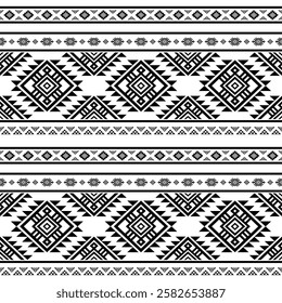 Southwest Aztec geometric Native American Mexican Navajo tribal ethnic boho indian texture ornament seamless pattern fabric black and white design vector for woven textile printing blanket rug carpet 