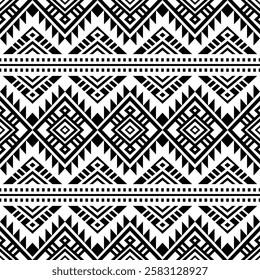 Southwest Aztec geometric Native American Mexican Navajo tribal ethnic boho indian texture ornament seamless pattern fabric black and white design vector for woven textile printing blanket rug carpet 