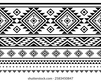 Southwest Aztec geometric Native American Mexican Navajo tribal ethnic boho indian texture ornament seamless pattern fabric black and white design vector for woven textile printing blanket rug carpet 