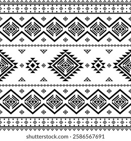 Southwest Aztec geometric Native American Mexican Navajo tribal ethnic boho indian texture ornament seamless pattern fabric black and white design vector for woven textile printing blanket rug carpet 