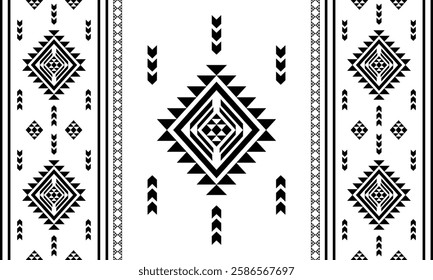 Southwest Aztec geometric Native American Mexican Navajo tribal ethnic boho indian texture ornament seamless pattern fabric black and white design vector for woven textile printing blanket rug carpet 
