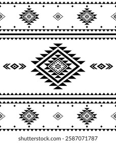 Southwest Aztec geometric Native American Mexican Navajo tribal ethnic boho indian texture ornament seamless pattern fabric black and white design vector for woven textile printing blanket rug carpet 