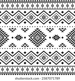 Southwest Aztec geometric Native American Mexican Navajo tribal ethnic boho indian texture ornament seamless pattern fabric black and white design vector for woven textile printing blanket rug carpet 