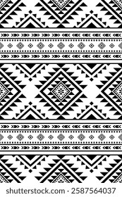 Southwest Aztec geometric Native American Mexican Navajo tribal ethnic boho indian texture ornament seamless pattern fabric black and white design vector for woven textile printing blanket rug carpet 