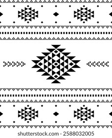 Southwest Aztec geometric Native American Mexican Navajo tribal ethnic boho indian texture ornament seamless pattern fabric black and white design vector for woven textile printing blanket rug carpet 