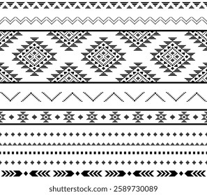 Southwest Aztec geometric Native American Mexican Navajo tribal ethnic boho indian texture ornament seamless pattern fabric black and white design vector for woven textile printing blanket rug carpet 