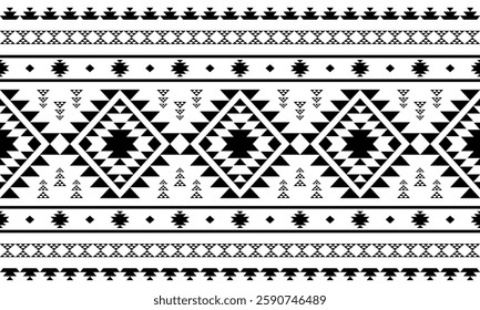 Southwest Aztec geometric Native American Mexican Navajo tribal ethnic boho indian texture ornament seamless pattern fabric black and white design vector for woven textile printing blanket rug carpet 