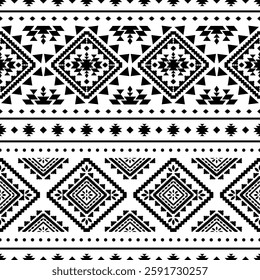 Southwest Aztec geometric Native American Mexican Navajo tribal ethnic boho indian texture ornament seamless pattern fabric black and white design vector for woven textile printing blanket rug carpet 