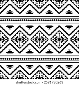 Southwest Aztec geometric Native American Mexican Navajo tribal ethnic boho indian texture ornament seamless pattern fabric black and white design vector for woven textile printing blanket rug carpet 