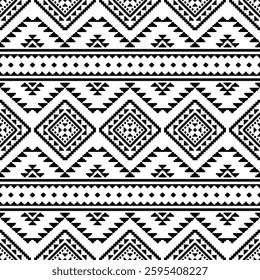 Southwest Aztec geometric Native American Mexican Navajo tribal ethnic boho indian texture ornament seamless pattern fabric black and white design vector for woven textile printing blanket rug carpet 