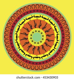 Southwest cowboy round mandala, vector illustration for design, yellow background