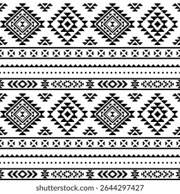 Southwest Patrón nativo sin costuras tribal étnico azteca geométrica Navajo Tela nativa americana Vector de diseño en blanco y negro para impresión textil