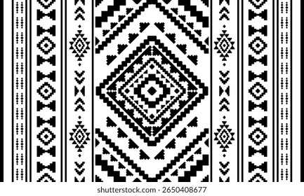 Southwest Native seamless pattern ethnic tribal Pixel Art Aztec geometric Navajo Native American fabric black and white design vector for textile print