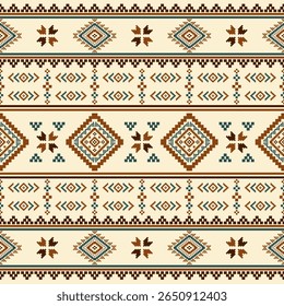 Sudoeste Nativo sem costura padrão étnico tribal Pixel Art Asteca geométrica Navajo Nativo americano tecido colorido vetor de design para impressão têxtil
