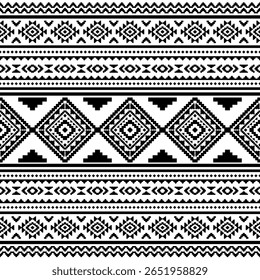 Southwest Native nahtloses Muster ethnischen Stamm Pixel Art Aztec geometrische Navajo Native American Stoff schwarz-weiß Design Vektor für Stoffdruck