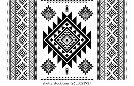 Southwest Patrón nativo sin costuras tribal étnico azteca geométrica Navajo Tela nativa americana Vector de diseño en blanco y negro para impresión textil