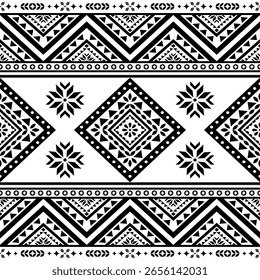 Sudoeste Nativo sem costura padrão étnico tribal Azteca Flor Floral geométrica Navajo Nativo americano tecido preto e branco vetor de design para impressão têxtil