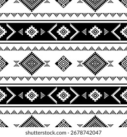 Southwest Patrón nativo sin costuras tribal étnico azteca geométrica Navajo Tela nativa americana Vector de diseño en blanco y negro para la impresión textil