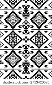Patrón inconsútil nativo suroeste étnico tribal azteca pixel art geométrico Navajo Tela nativa americana Vector de diseño en blanco y negro para la impresión textil