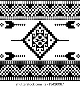 Patrón inconsútil nativo suroeste étnico tribal azteca pixel art geométrico Navajo Tela nativa americana Vector de diseño en blanco y negro para la impresión textil
