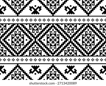 Patrón inconsútil nativo suroeste étnico tribal azteca pixel art geométrico Navajo Tela nativa americana Vector de diseño en blanco y negro para la impresión textil