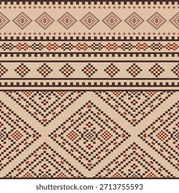Patrón nativo del suroeste sin fisuras étnico tribal azteca pixel art geométrico Navajo Tela nativa americana Vector de diseño de tonos de tierra para la impresión textil