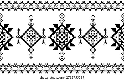 Patrón inconsútil nativo suroeste étnico tribal azteca pixel art geométrico Navajo Tela nativa americana Vector de diseño en blanco y negro para la impresión textil
