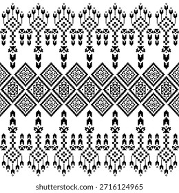 Patrón inconsútil nativo suroeste étnico tribal azteca pixel art geométrico Navajo Tela nativa americana Vector de diseño en blanco y negro para la impresión textil