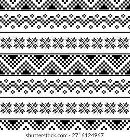 Patrón inconsútil nativo suroeste étnico tribal azteca pixel art geométrico Navajo Tela nativa americana Vector de diseño en blanco y negro para la impresión textil