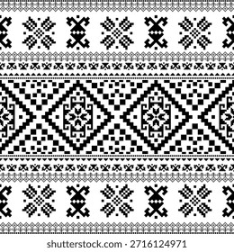 Patrón inconsútil nativo suroeste étnico tribal azteca pixel art geométrico Navajo Tela nativa americana Vector de diseño en blanco y negro para la impresión textil