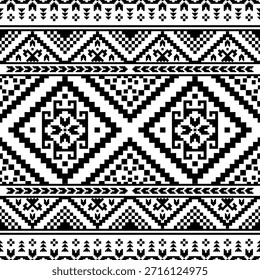 Patrón inconsútil nativo suroeste étnico tribal azteca pixel art geométrico Navajo Tela nativa americana Vector de diseño en blanco y negro para la impresión textil
