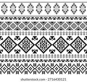 Patrón inconsútil nativo suroeste étnico tribal azteca pixel art geométrico Navajo Tela nativa americana Vector de diseño en blanco y negro para la impresión textil