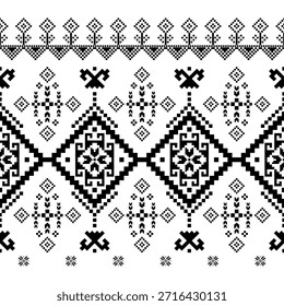 Patrón inconsútil nativo suroeste étnico tribal azteca pixel art geométrico Navajo Tela nativa americana Vector de diseño en blanco y negro para la impresión textil