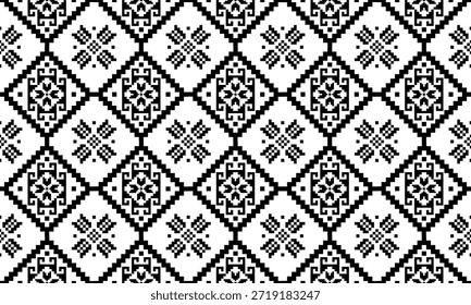 Patrón inconsútil nativo suroeste étnico tribal azteca pixel art geométrico Navajo Tela nativa americana Vector de diseño en blanco y negro para la impresión textil